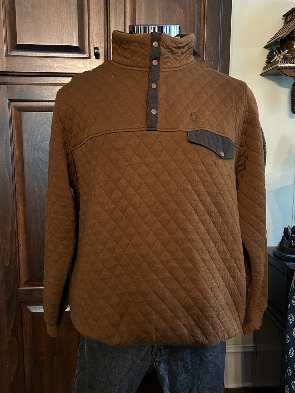 HEYBO Sz XXL Brown Quilted Pullover Quarter Snap Jacket Sweatshirt